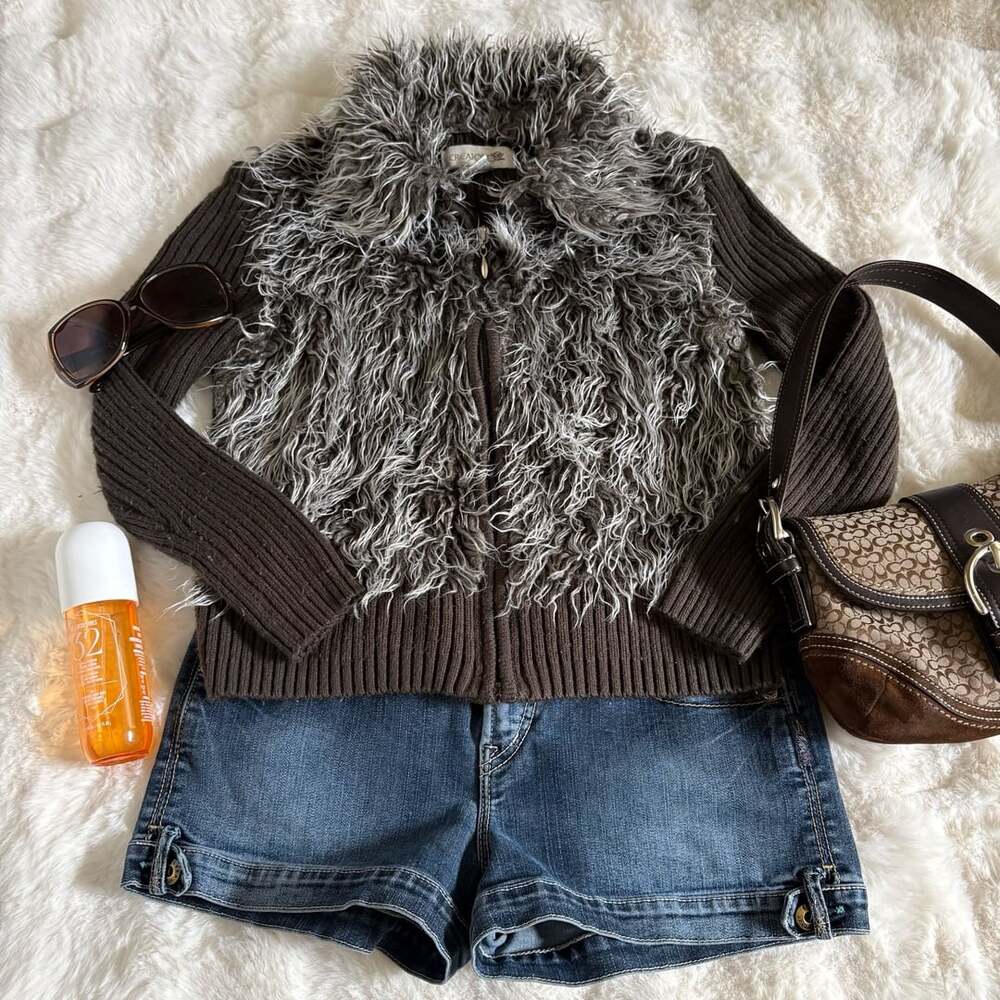 Creatore Faux Fur Trim Knit Cardigan Size M Brown